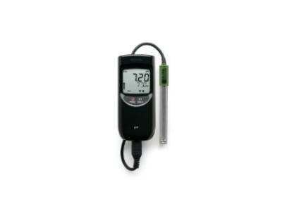 Small, black, waterproof, portable pH/temperature meter. 