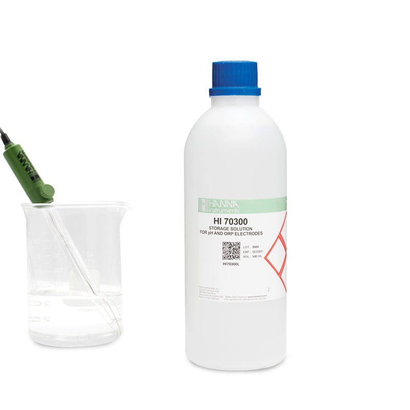 Bottle of storage solution for pH electrodes.