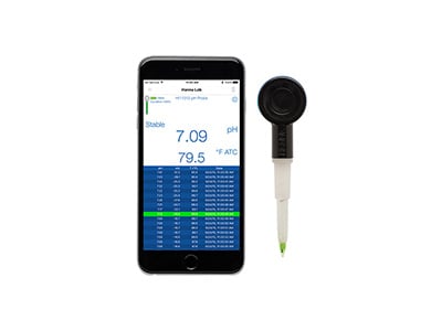 Hanna Instrument's HALO wireless pH meter on the side of an iphone.